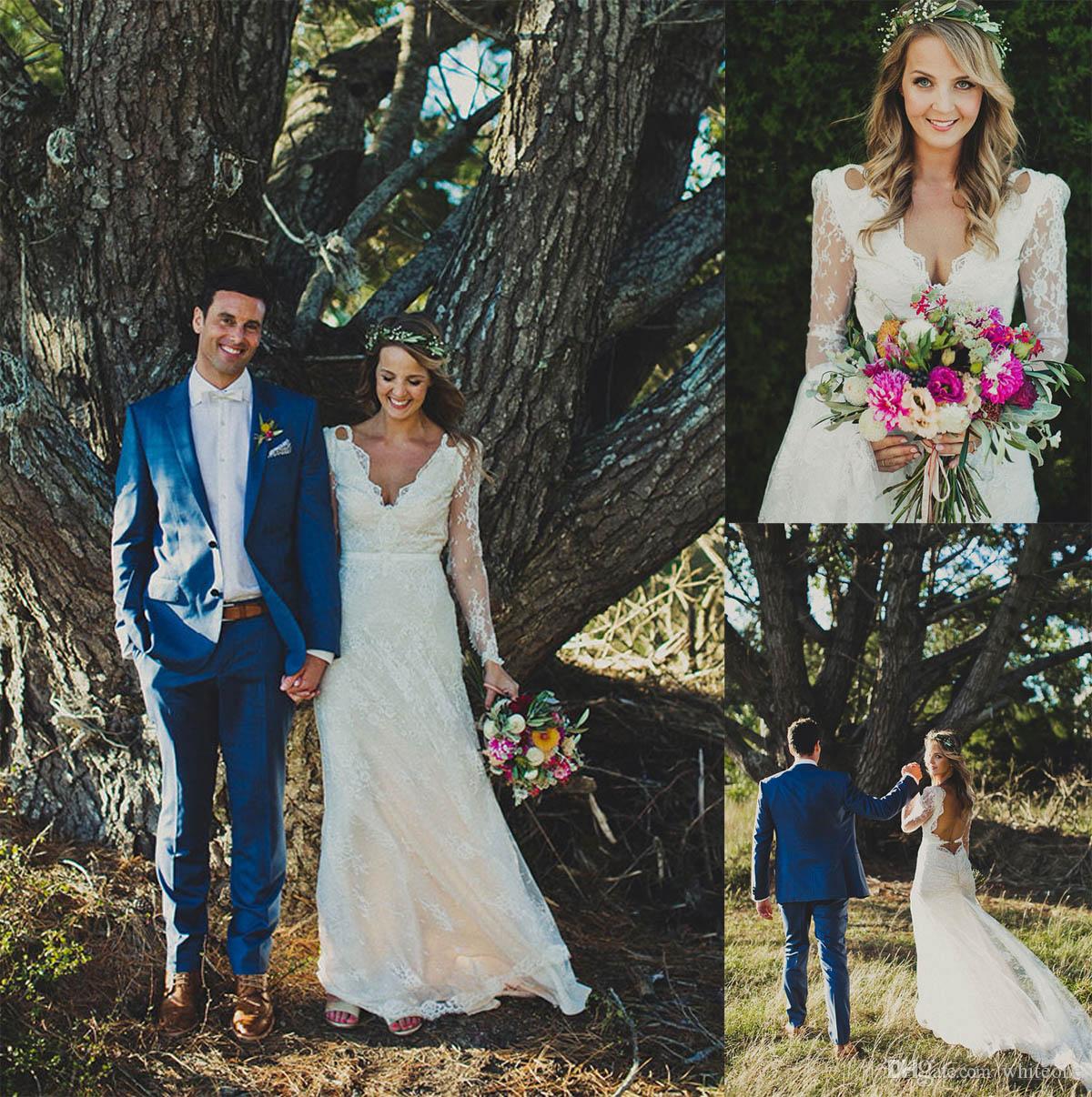 

2019 Lace Boho Trumpet Wedding Dresses Illusion Long Sleeves Modest Backless Bohemian Mermaid Plus Size Country Reception Bridal Gowns, White