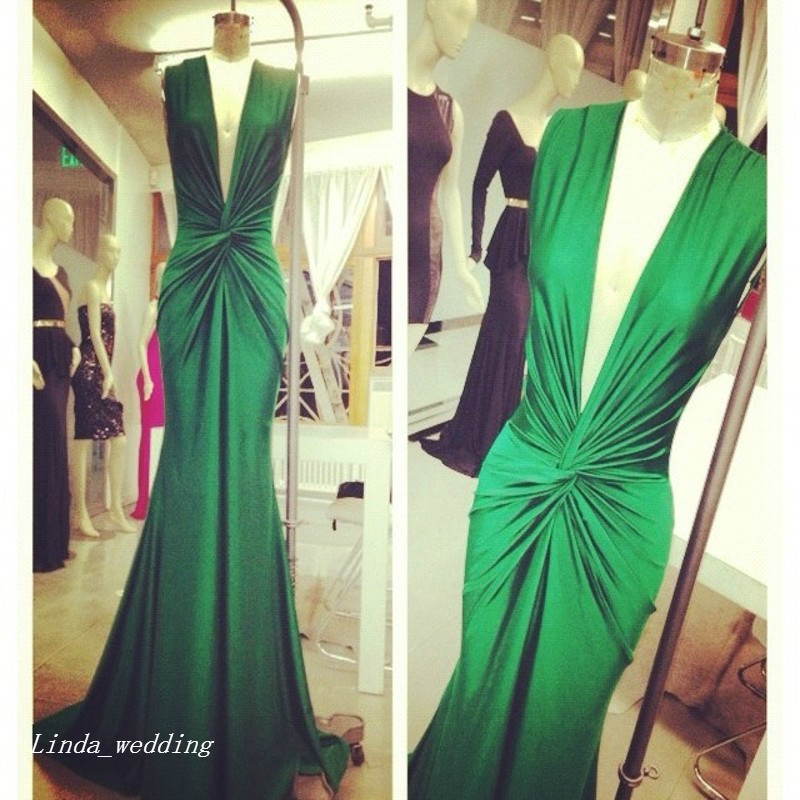 

Michael Costello Green Evening Dress Sexy Deep V Neck Celebrity Wear Special Occasion Dress Prom Party Gown, Gold