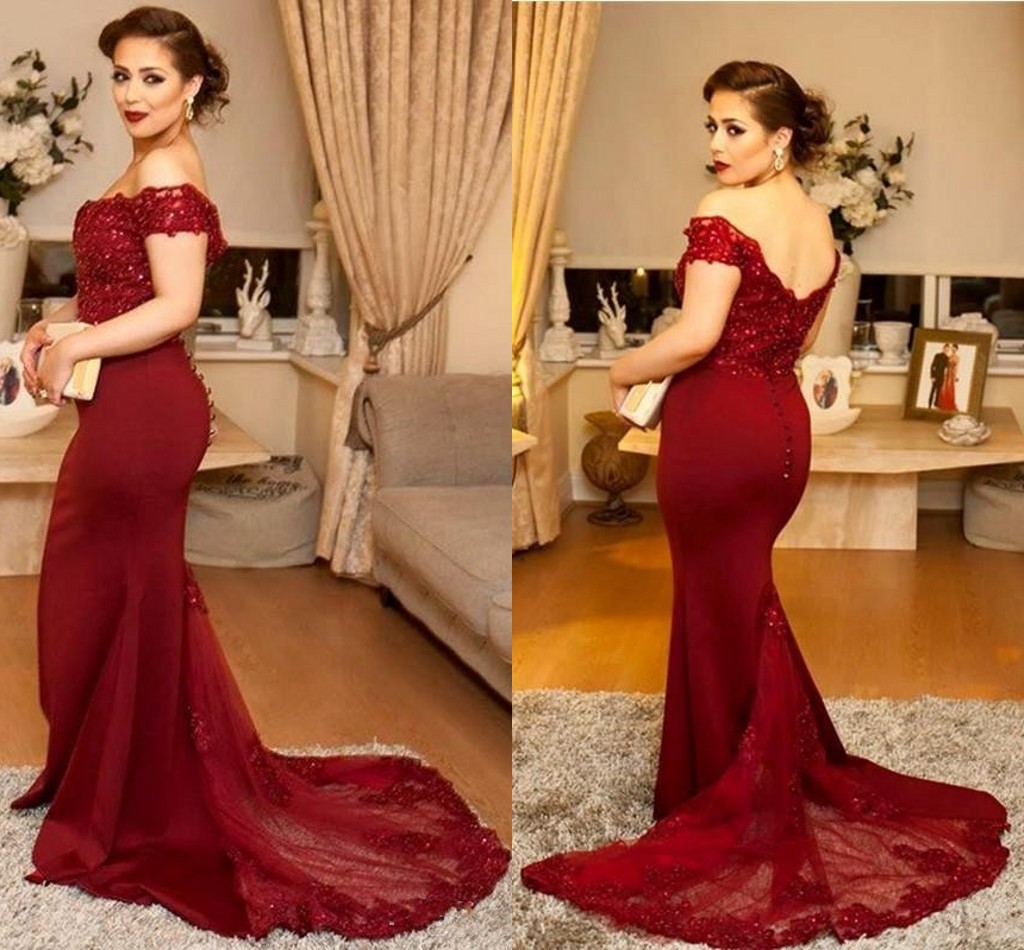 

2017 Dark Red Mermaid Evening Dresses Off Shoulder Lace Appliques Beads Crystal Illusion Satin Sweep Train Formal Party Dress Prom Gowns, Blue