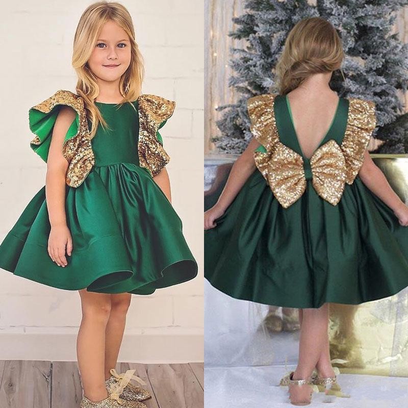 

dark green girls' pageant dress knee-length jewel sequin satin ruffle lovely princess birthday party homecoming dress for toddler girl, Red