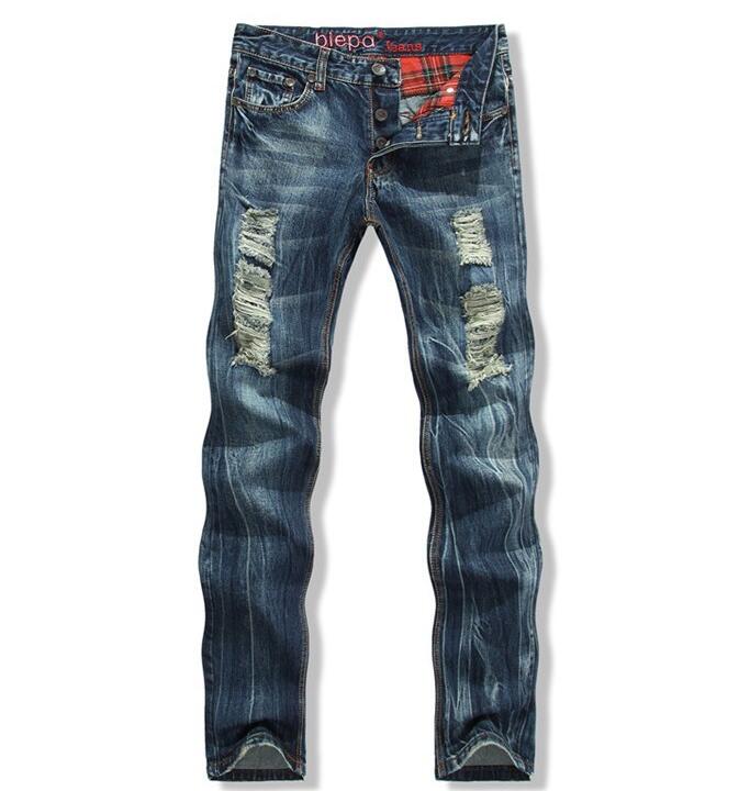 

2016 New Designer Vintage Jeans Men Famous Brand Ripped Jeans Fashion Skinny Biker Jeans Slim Fit Denim Overall Pants Men, Blue