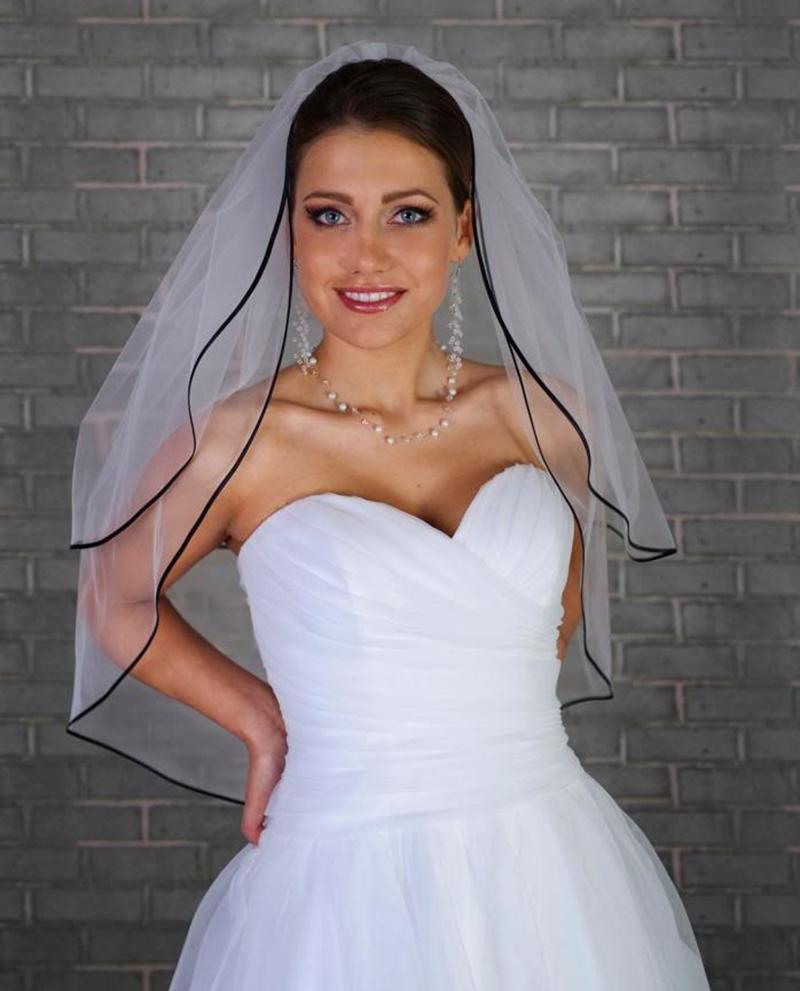 

High Quality Simple Black Satin Edge 2T With Comb White ivory Black Elbow Length Wedding Veil Bridal Veils with comb, Champagne