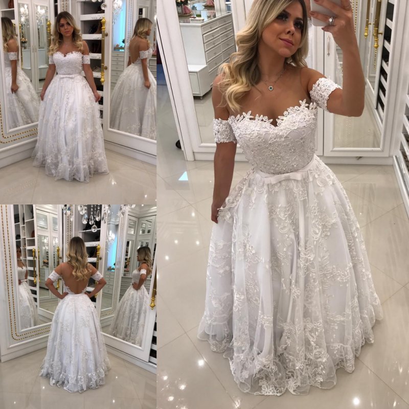 

Chic Backless Lace Country Wedding Dresses A Line Sheer Off The Shoulder Pearls Bridal Gowns Floor Length Vestido De Novia, Same as image