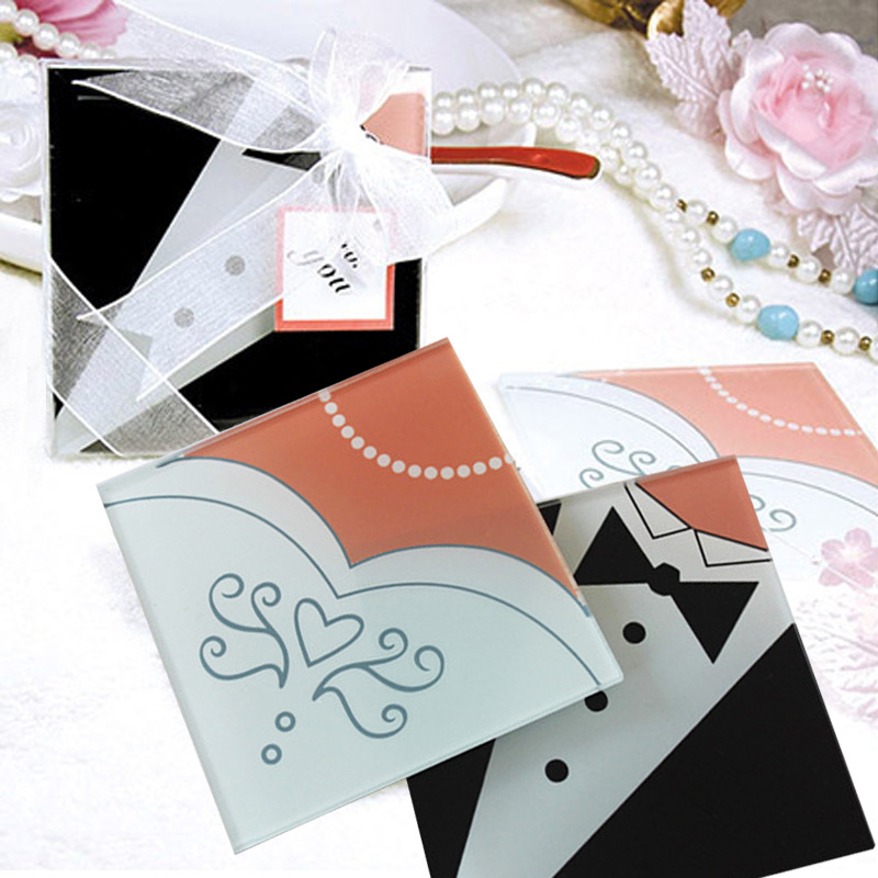 

Bride Gown & Groom Tuxedo Creative Square Glass Coasters Cup Mat for Wedding Favors 2pcs/set+DHL Free Shipping
