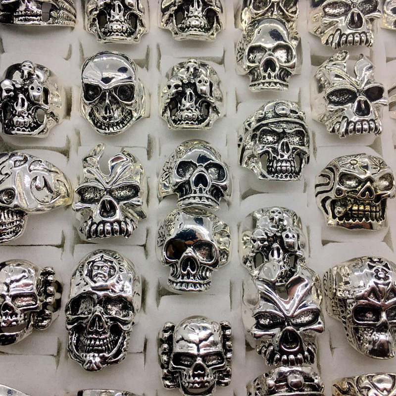 

Wholesale Lots Top 50pcs Vintage Skull Carved Biker Men's Silver Plated Rings jewelry All Big Size