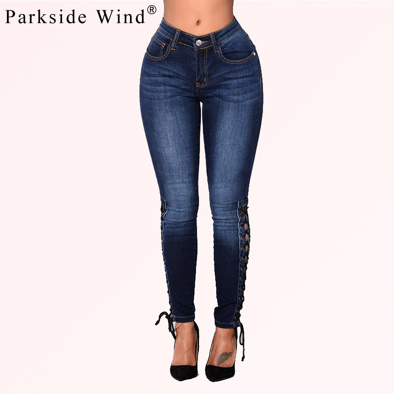 

Wholesale-PARKSIDE WIND Women Jeans Hollow Out Cross Strap Bandage Pencil Pants Sexy Lace Up Hole Tight Ripped Jeans Female KWA0387-5, Blue