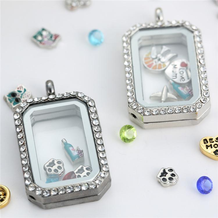 

Fashion Rectangle glass locket pendants Necklaces Memory living lockets magnetic floating charm locket with Rhinestone crystals