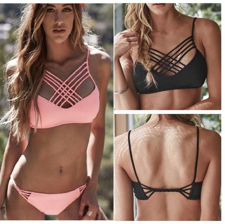 

2016 Women weave Swimsuits -XL pure color halter sexy swimming suit 2 pcs sets Swimwear Muti-Rope Brazilian Bandage push up padded Bikini, Pink