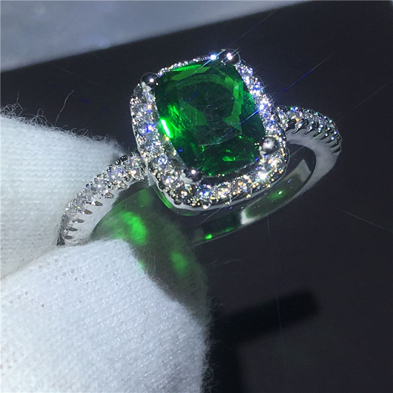 

Christmas ring cushion cut Green 5A Zircon Crystal 925 Sterling silver Engagement wedding band rings for women Festival Gift