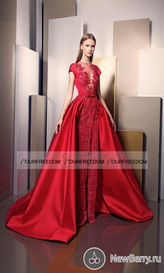 

2019 Ziad Nakad Women Formal Evening Dresses with Short Sleeve Sheer Crew Neck Applique Satin A-Line Lace Occasion Dress Celebrity Prom Gow, Hunter green