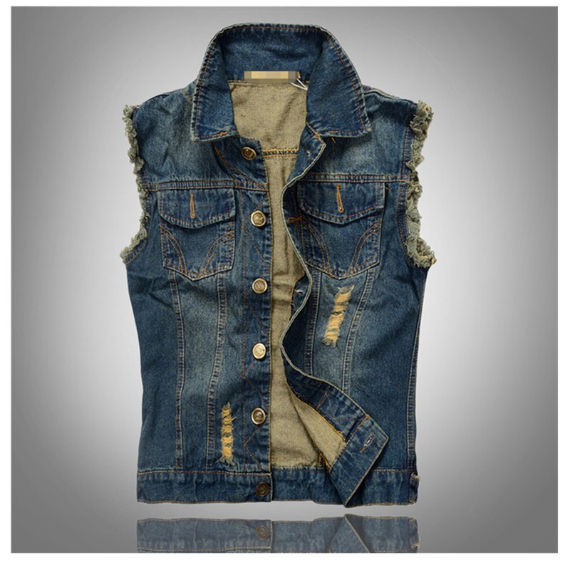 

Fall-2016 new men' denim vest for men' fashion vest code hole casual denim jacket, Blue