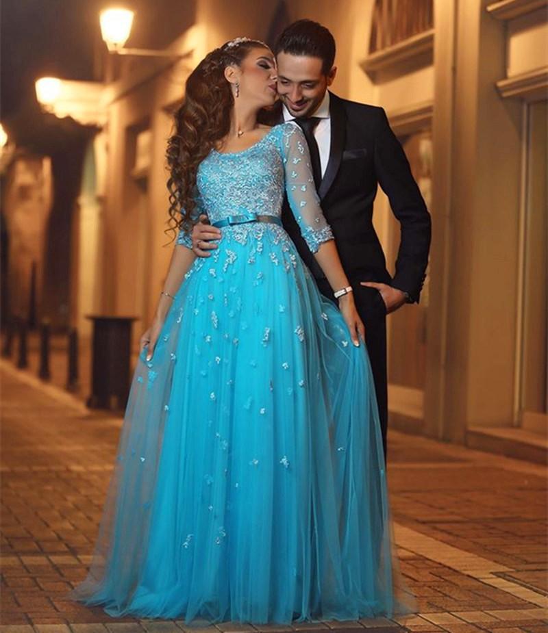 Floor Length A Line Tulle With Lace Appliques Sashes Blue Prom Dress Vestido Formatura Scoop Neck 3/4 Sleeve Elegant Evening Dress-image-386526776