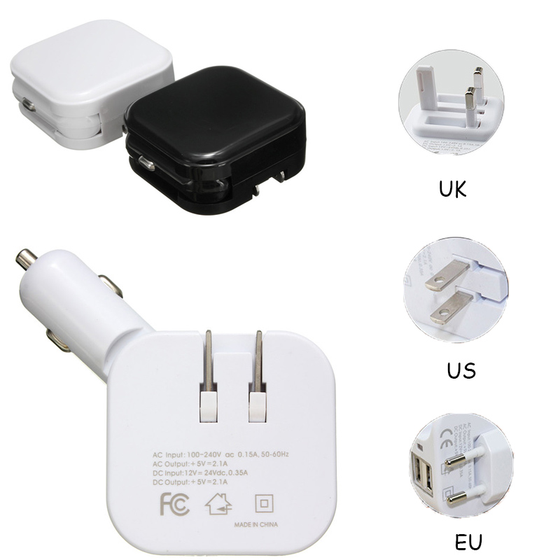 

Wholesale Universal 2 in 1 Dual USB Port DC 5V 2.1A Folding Car Charger Power Adapter home/Wall Plug double USB car Cigarette Folding charge