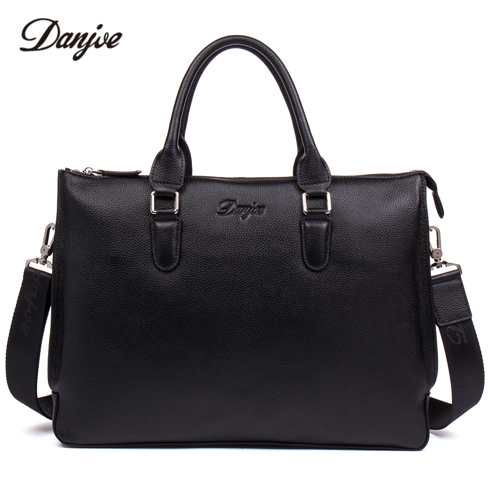 

Wholesale- DANJUE Men Briefcase Genuine Leather Handbag Male Business Shoulder Bag High Quality Computer Laptop Bag Totes Man, Black