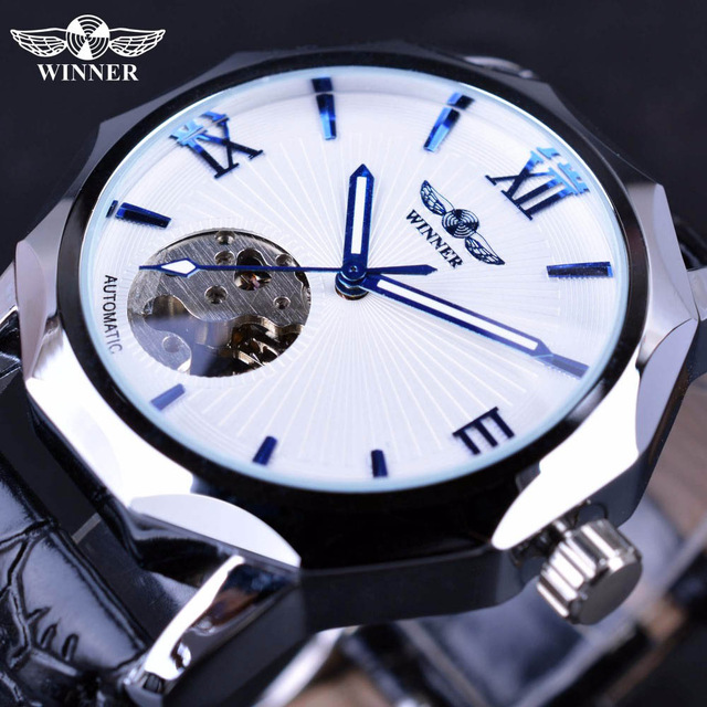 

Winner Blue Ocean Geometry Design Transparent Skeleton Dial Men Watch Top Brand Luxury Automatic Fashion Mechanical Watch Clock, White