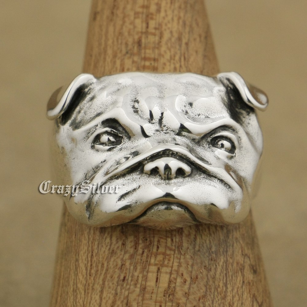 

LINSION 925 Sterling Silver Cute Shar Pei Charms Dog Ring TA33 US Size 7 to 15