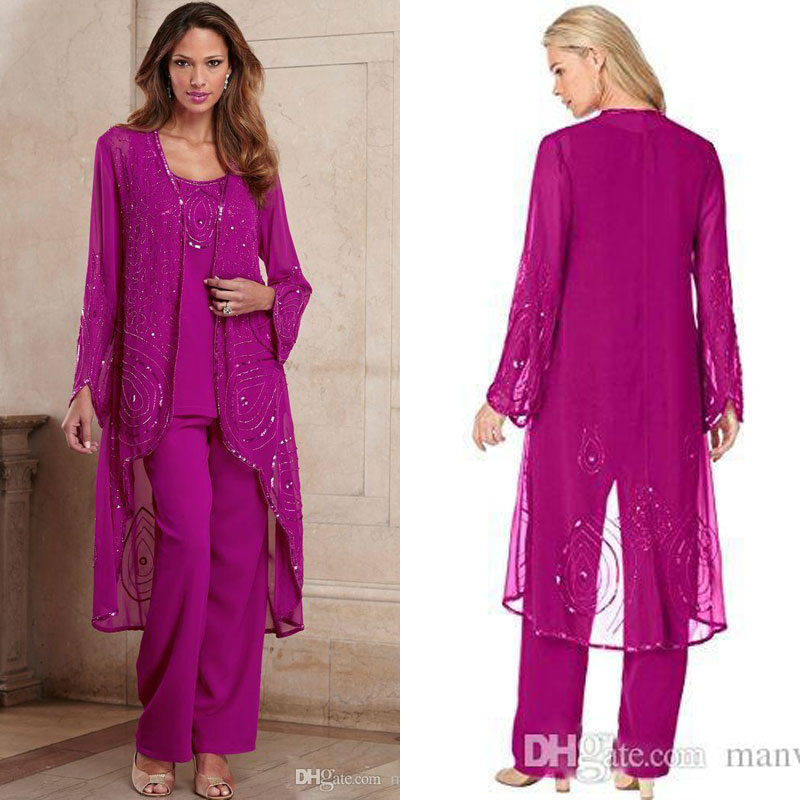 

Plus Size Fuchsia Mother Of Bride Pant Suit Three Pieces Chiffon Mother Formal Wear Beaded Special Occasion Mothers Pantsuit With Jacket