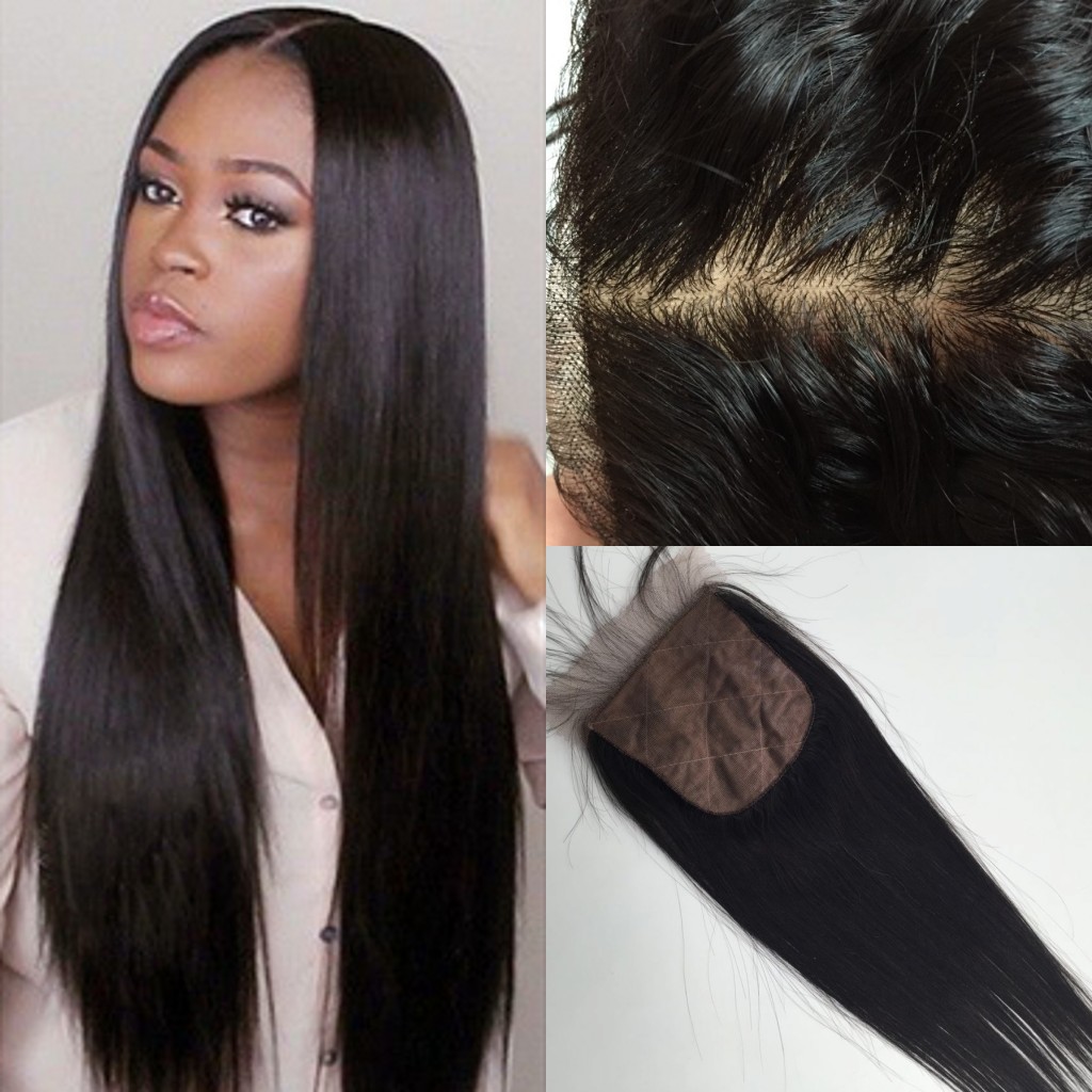 

Brazilian Silk Base Closure silk straight Human Hair 4x4 Silk Closure Bleached Knot Free Middle 3 Part Silk Base Closure Top Lace, Black