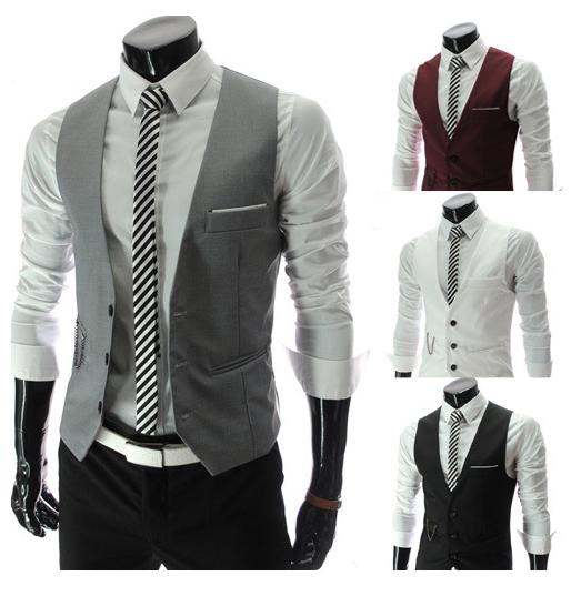 Vest Men Sleeveless Solid Color Metal Chain Decorations Design Single Breasted V Neck Brief Stylish Fashion Mens Dress Vest Free Shipping