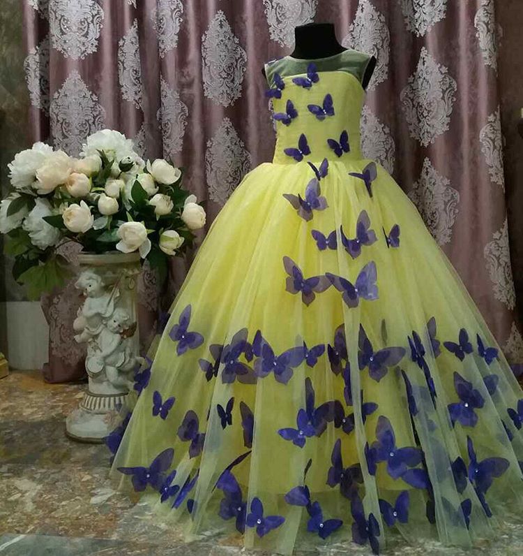 

Yellow Girl's Pageant Dresses With Butterfly Floor Length Tulle Sleeveless Girls Birthday Part Gown 2017, Same as image