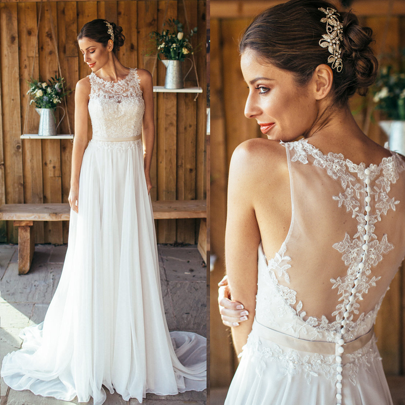 

ivory Chiffon Wedding Dresses Country Bridal Gowns Scoop Buttons Back Applique with Beads Accept Custom Made