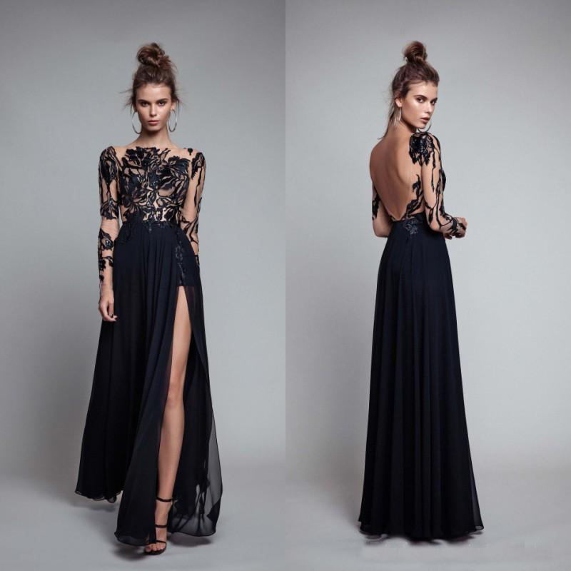 

Modest Black Sheer Long Sleeves Evening Dresses 2019 Berta Lace Bateau A Line Chiffon High-Thigh Split Prom Gowns Sexy Backless, Pink