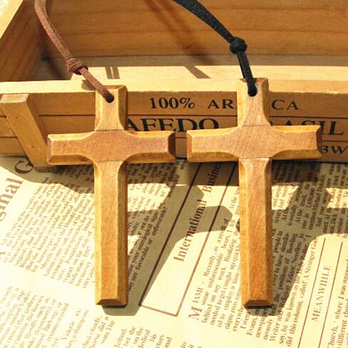 

Christian Solid wooden cross pendant necklace vintage long sweater chain leather cord men women jewelry handmade stylish Xmas gifts 12pcs