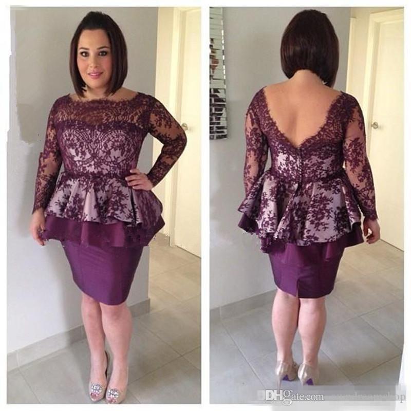 

Plus Size Knee Length Mother of Bride Dresses Long Sleeves Lace Top Sheath Mother Gowns Backless Short Mother Dresses Madre installata