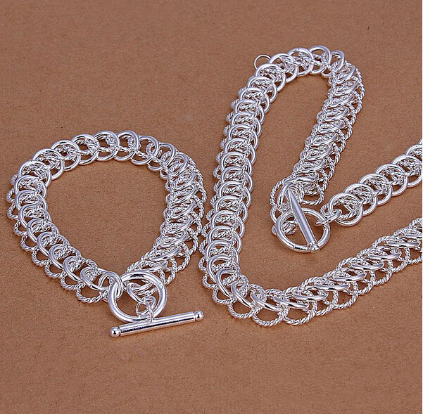 

High quality heavy 83g 925 silver jewelry set 18x8 inches WGS024,fashion unisex sterling silver plated neckace charm bracelet set
