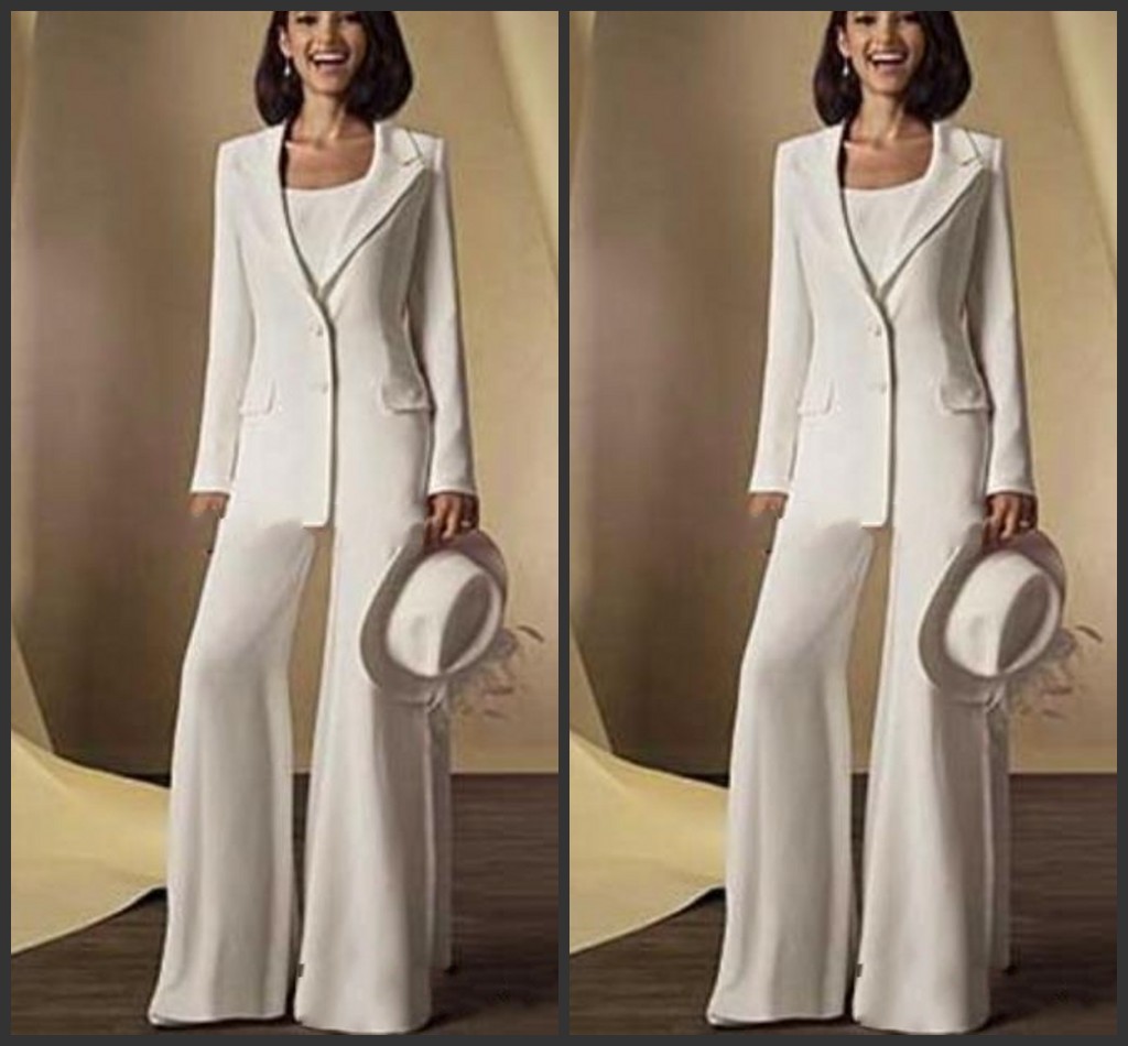 

2019 New Satin Long Sleeves Mother Of the Bride Pant Suits with jacket Mother Dresses Custom Made White Formal Outfits 131