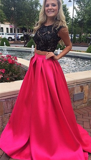 

Newest Lace Two Piece 2019 Prom Dress Sweep Train Jewel Neck Black and Red Long Evening Dress vestido festa formatura, Light purple