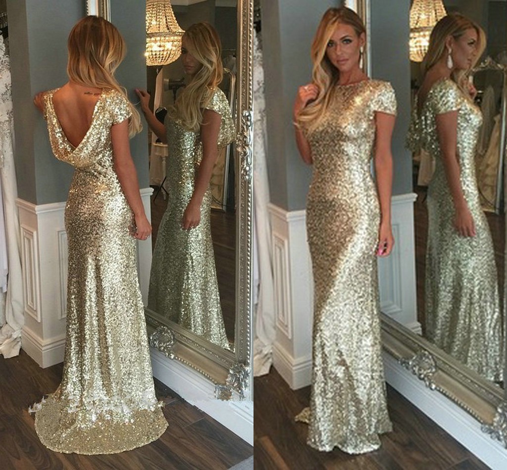 

Champagne Gold Sequins Long Bridesmaid Dresses 2016 Sparkly High Neck Short Sleeve Backless Wedding Party Gowns Maid of Honor Dresses Junior
