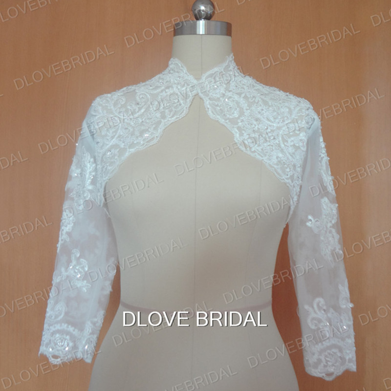 

Real Image Long Sleeve Lace Bridal Jacket Sequin Beaded Lace Appliques Wedding Party Dress Wraps Bolero Custom Make ePacket Free Shipping, White