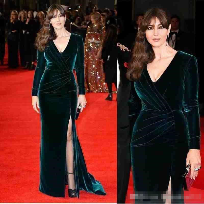 

Hot Sexy V neck Velvet Sheath Evening Celebrity Dresses Long Sleeves Winter Formal Occasion Sweep Train Prom Party Gowns Plus Size, Dark red