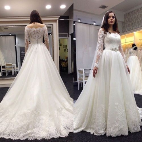 

2016 Lace A-Line Wedding Dresses With Zipper Long Sleeves Sash Romantic Bridal Gowns Court Train Elegant Plus Size Vestido De Noiva, Ivory