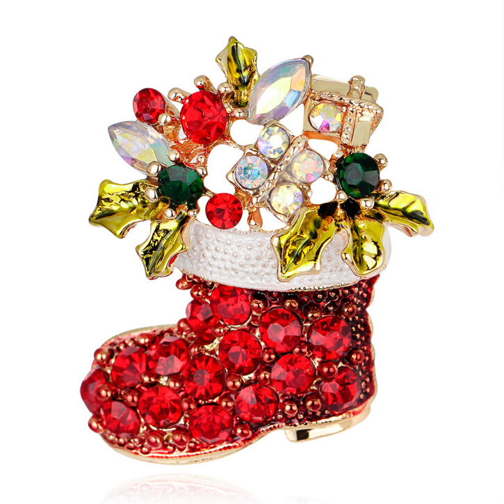 Gold Plated Enamel Christmas Shoes Brooch For Party Cheap Red Rhinestone Christmas Brooches Clip For Scarf Buckle Christmas Gift