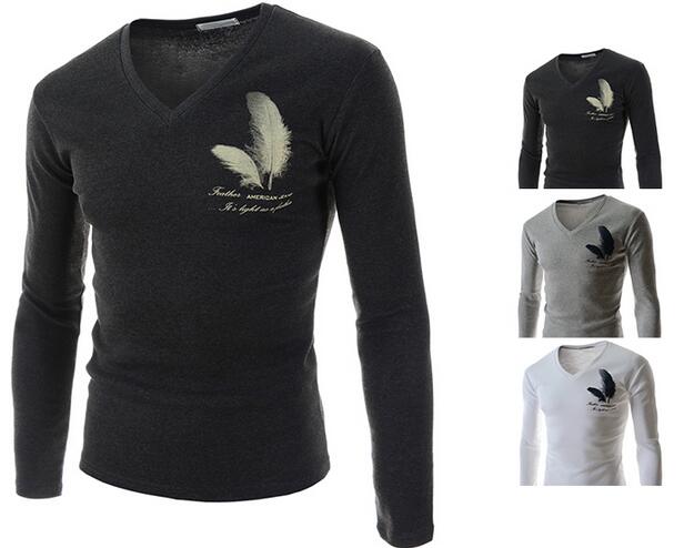 

Wholesale men's 2016 spring new men's long-sleeved slim fit T-shirt feather print t-shirt bottoming shirt, Black