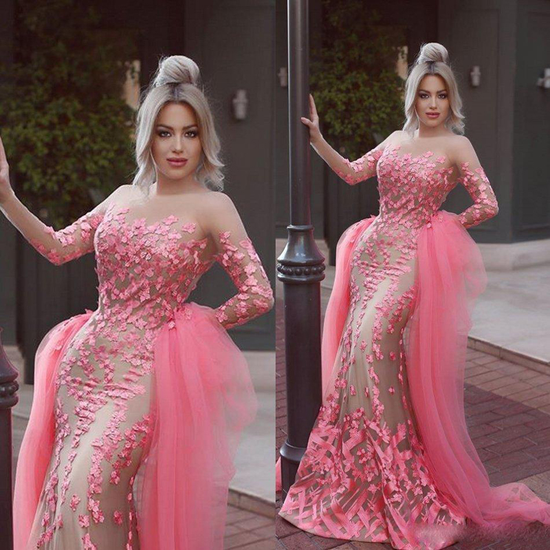 

Saudi Arabic Watermelon Evening Dresses Long Sleeves Illusion Neck 3D Appliques Mermaid Evening Gowns with Detachable Train Tulle Dress, Dark green