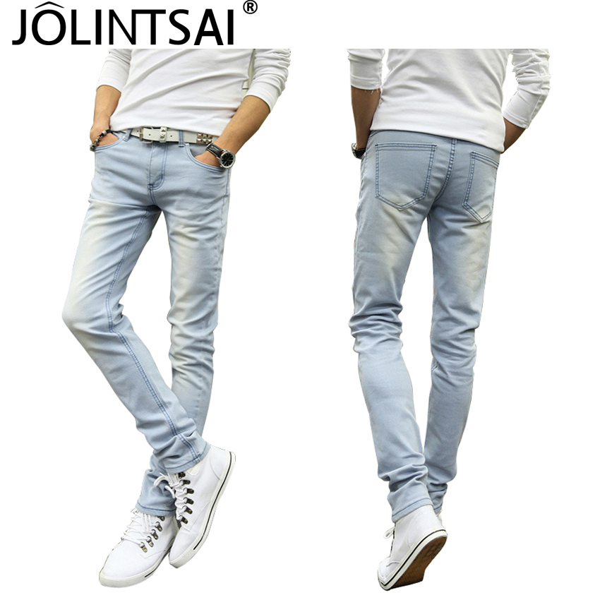 

Wholesale-Summer Jeans Men 2016 Elastic Casual Straight Biker Men's Jeans Homme Mid Cowboy Denim Male Pants Skinny Blue Stretch Trousers, Sky blue