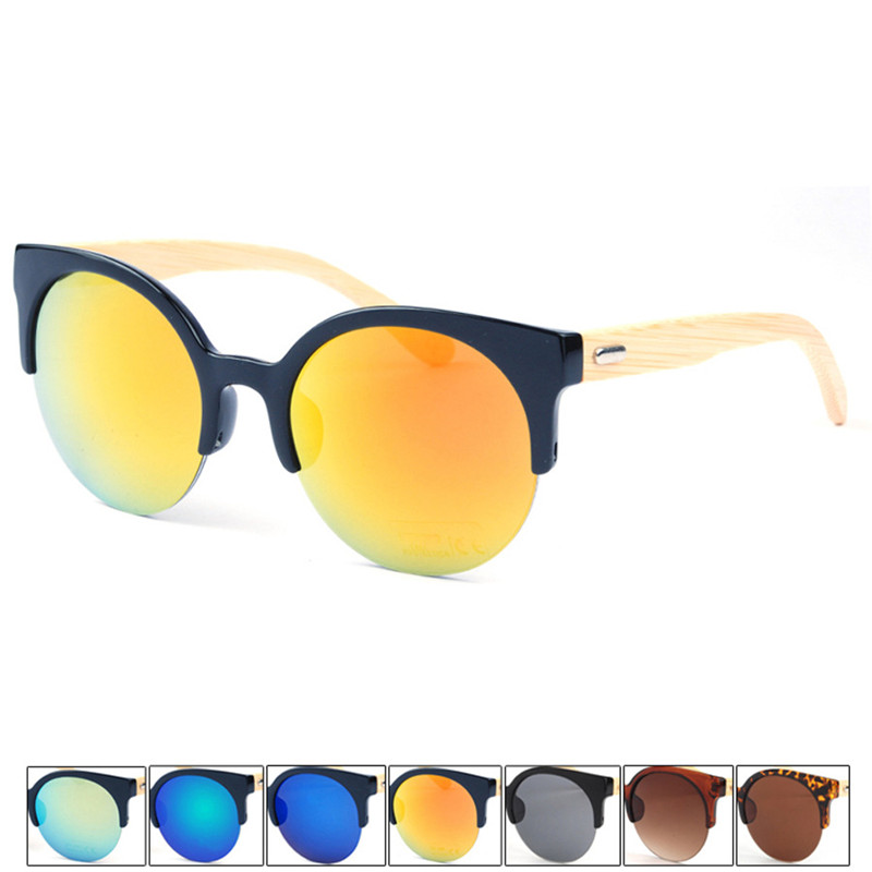 

New 2016 Cat Eye Sunglasses For Women Round Bamboo Sun Glasses 7 Colors Half Frame Sun Glasses Wholesale