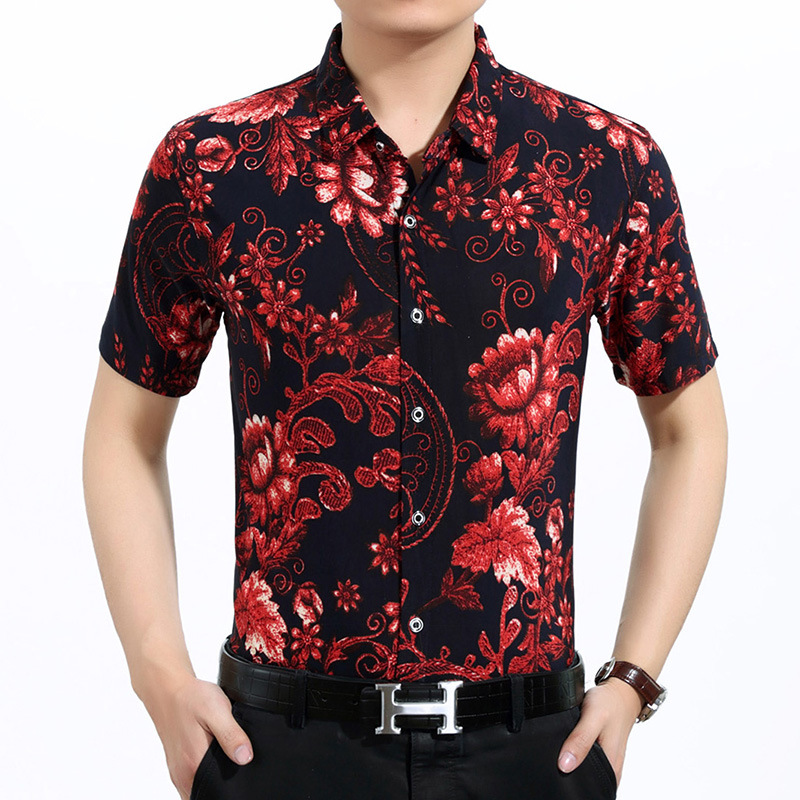 Wholesale-Camel Red Two Colors Mens New Design Hawaiian Summer Shirt Cotton Comfort Flower Print Shirt 3XL Men Short Sleeve Clothes
