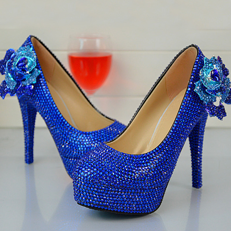 

Handmade Fashion Royle Blue Rhinestone Wedding Shoes Round Toe Slip-on High Heel Stilettos Prom Party Pumps Plus Size 12