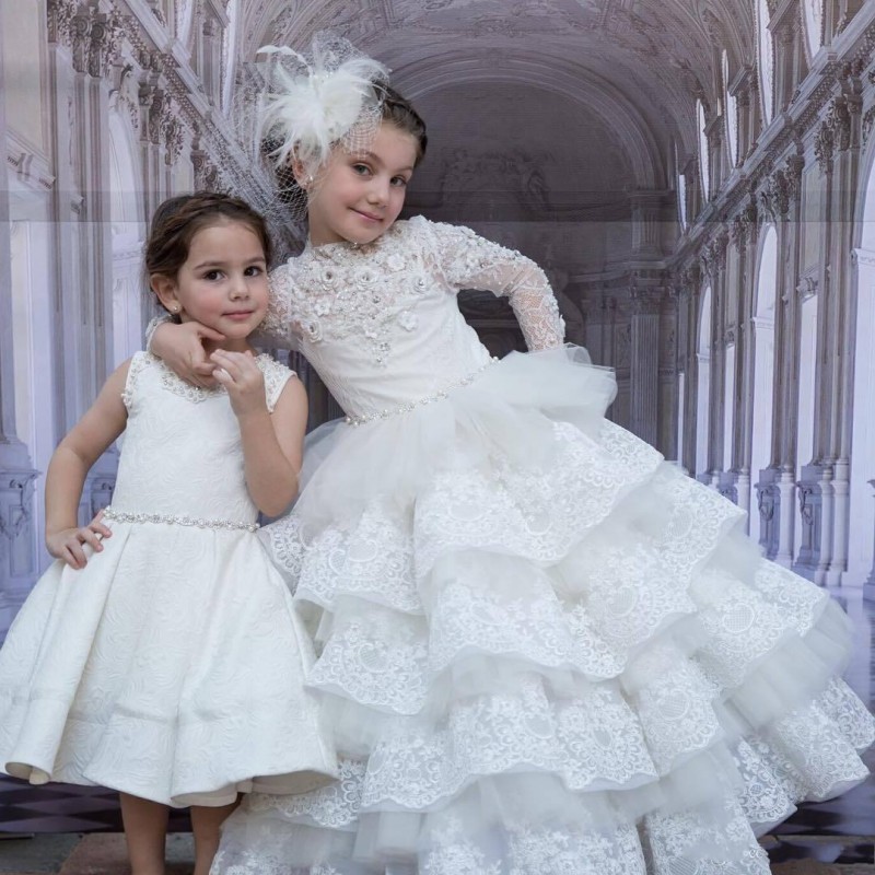 

Luxury Lace Beaded Flower Girl Dresses For Muslim Wedding 2017 High Neck Long Sleeve Tiered Princess Girls Pageant Dresses Communion Gowns, Pink