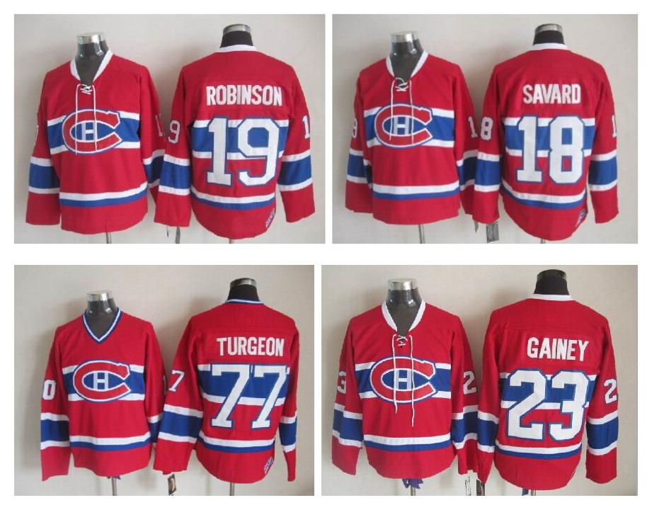 

Retro Montreal Canadiens Hockey Jersey 19 Larry Robinson 77 Pierre Turgeon 23 Bob Gainey 18 Serge Savard CCM Authentic Stitched Jerseys, As pic