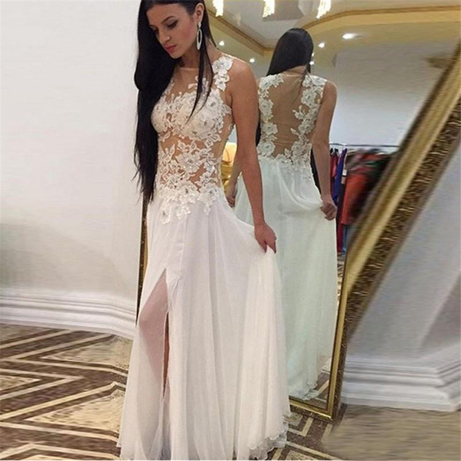 

Long White Prom Dresses Side Slit Sexy See-Through Formal Party Gowns Applique Lace Evening Dress Vestidos Curtos Formatura