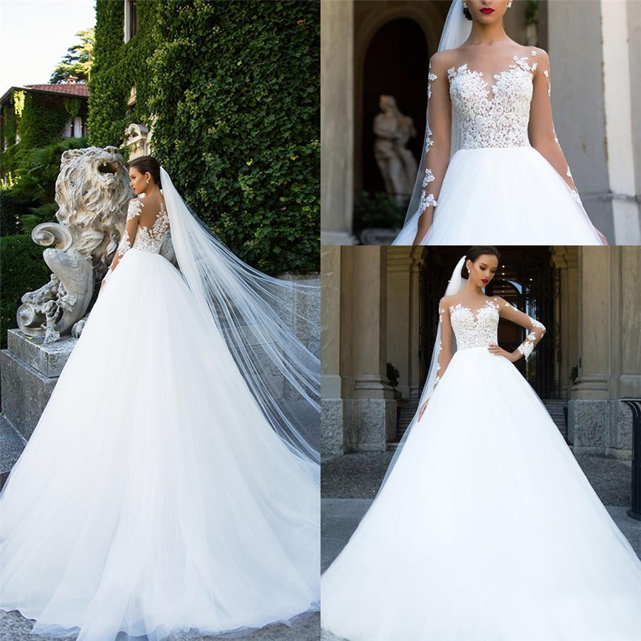 

A Line Long Illusion Sleeves Applique Lace Wedding Bridal Dresses Vintage Sheer Neck Lace Wedding Dresses vestidos de novias, Ivory