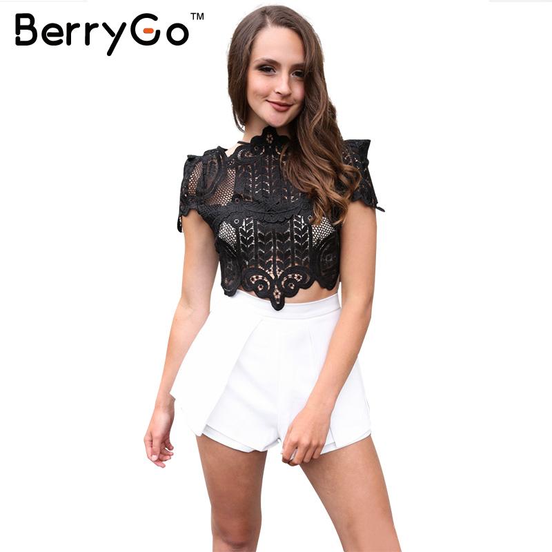 BerryGo Summer style élégant dentelle noire femmes hauts Causal manches courtes blanc chemisier shirt Sexy beach évider filles récolte tops q1711
