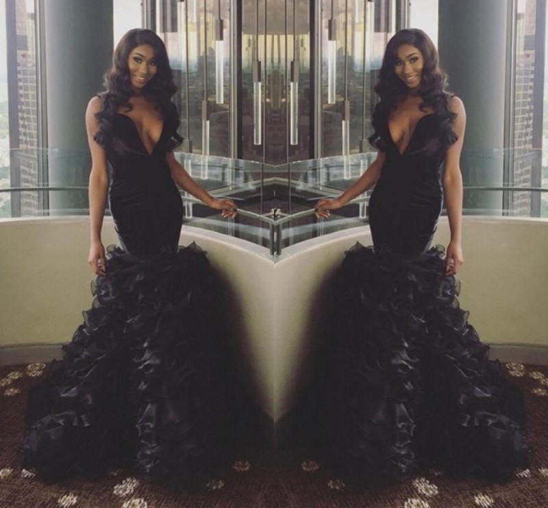 

Latest 2k17 Sexy Black Prom Dresses Deep V Neck Sleeveless Mermaid Ruffles Skirt Formal Evening Dress Black Gilrs Party Gowns custom made, Ivory
