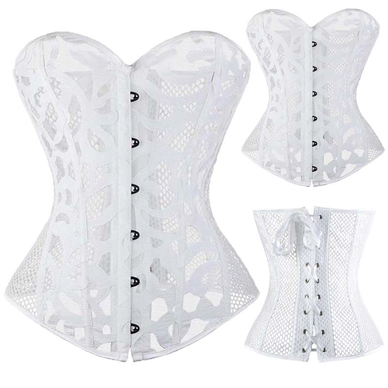 

Wholesale-Sexy Women Corsets And Bustiers Overbust 10 Steel Boned Hollow Out White Black Corset Top Summer Lingerie Shapewear Corselet TYQ