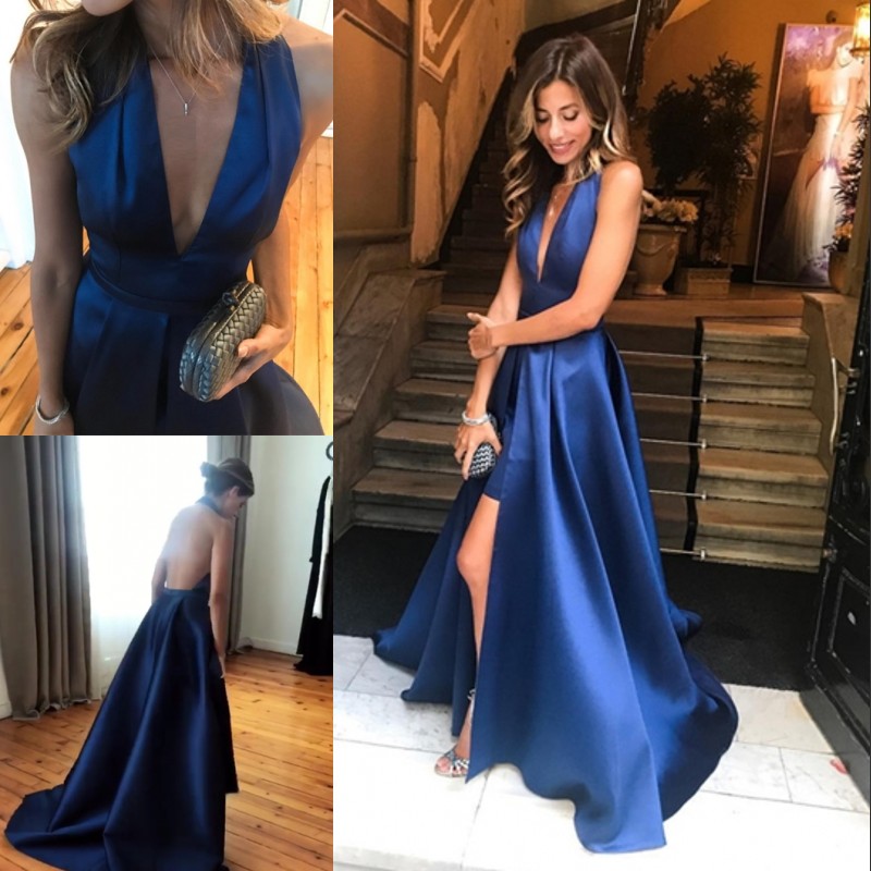 Plis licou cou robes de bal sexy avant fendu sans manches satin balayage train robe de soirée nouvelle arrivée pas cher longue formelle a-ligne r